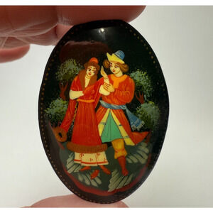 Russian Lacquer Wood Brooch Pin Dancing Couple Folk Art Hand Painted Miniature